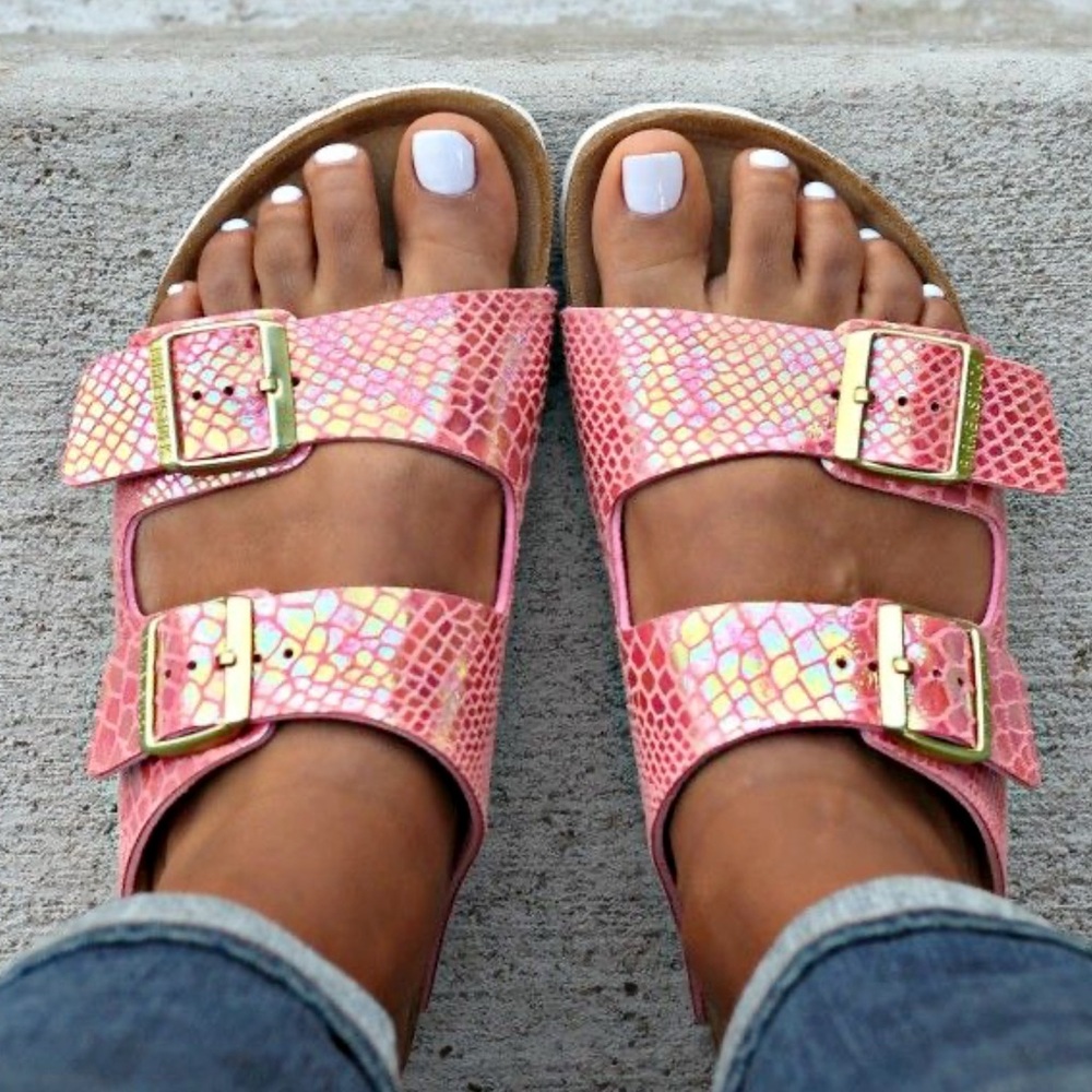 BIRKENSTOCK Women's Arizona Sydney Sandal Shiny Snake Rose Size 7 - Picture 3 of 8